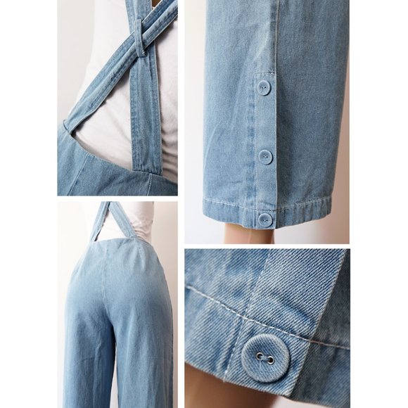 Denim Blue Cotton Wide Leg Crop Overall Jumpsuit - Picture 6 of 8